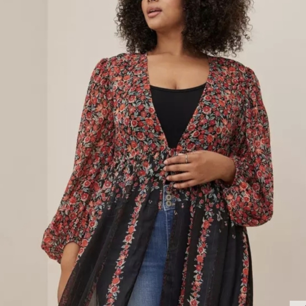Torrid Lurex Chiffon Tie Front Maxi Floral Top Top Duster Kimono 2 2X  Festival - Picture 3 of 9